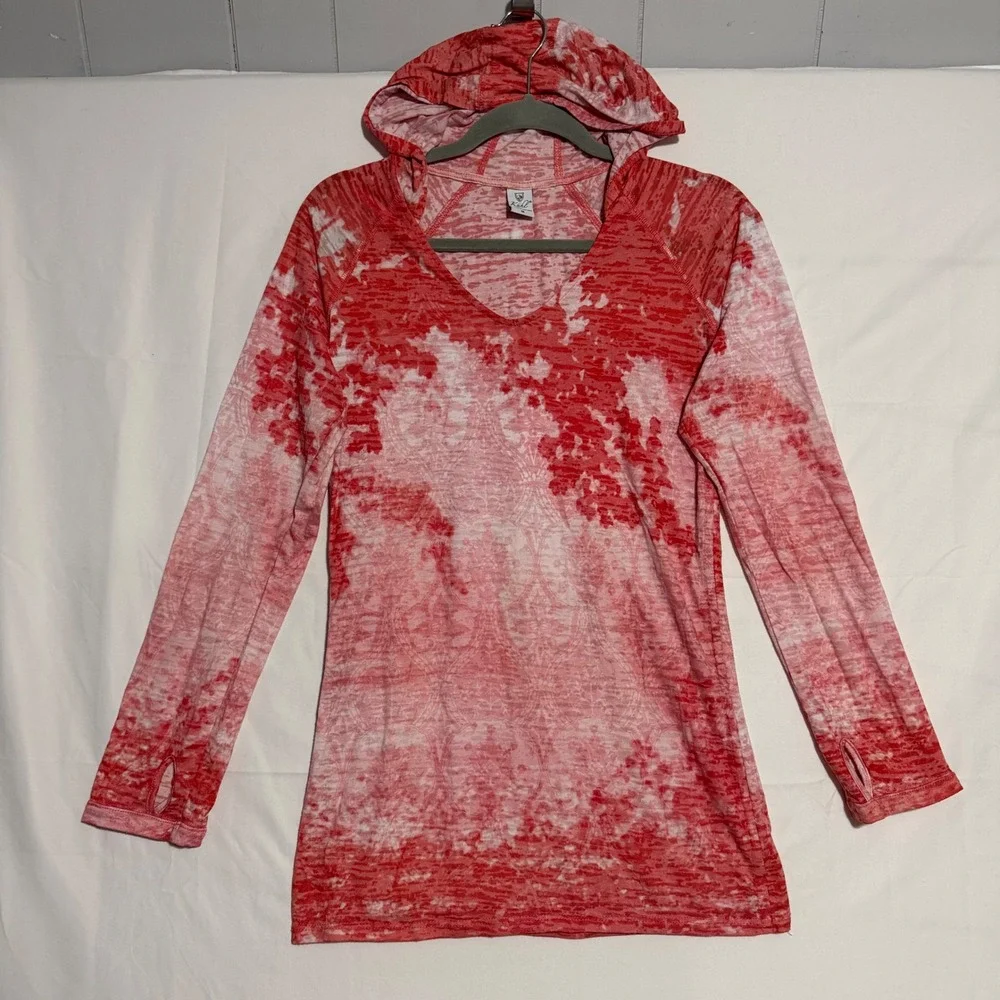 Kuhl Womens Red White Burnout Damask Hoodie V-Neck Thumbholes Made in USA Medium